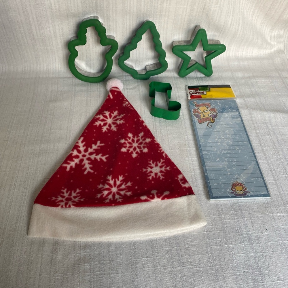 Christmas Lot Of 4 Cookie Cutters, Holiday Hat & NEW Bart Simpson Memo Pad